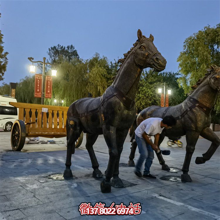 仿古銅中式馬拉車玻璃鋼景觀雕塑，非凡戶外擺放裝飾