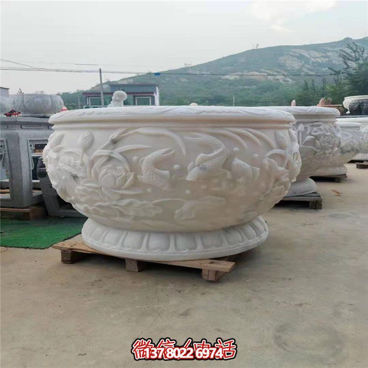 古典經典，漢白玉鯉魚雕刻圓形水缸