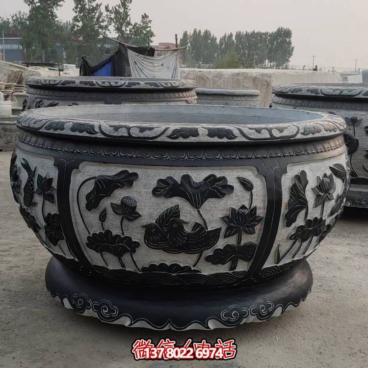 石雕魚缸花盆仿古青石圓缸招財養(yǎng)魚庭院戶外流水缸雕塑