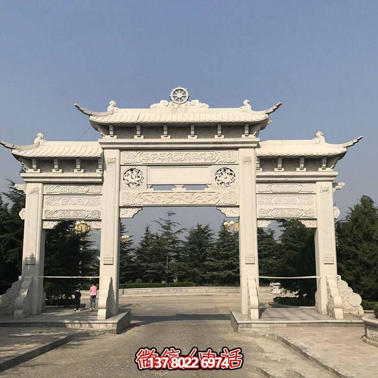 景區(qū)墓園入口擺放大理石雕刻仿古建筑三門(mén)石牌坊